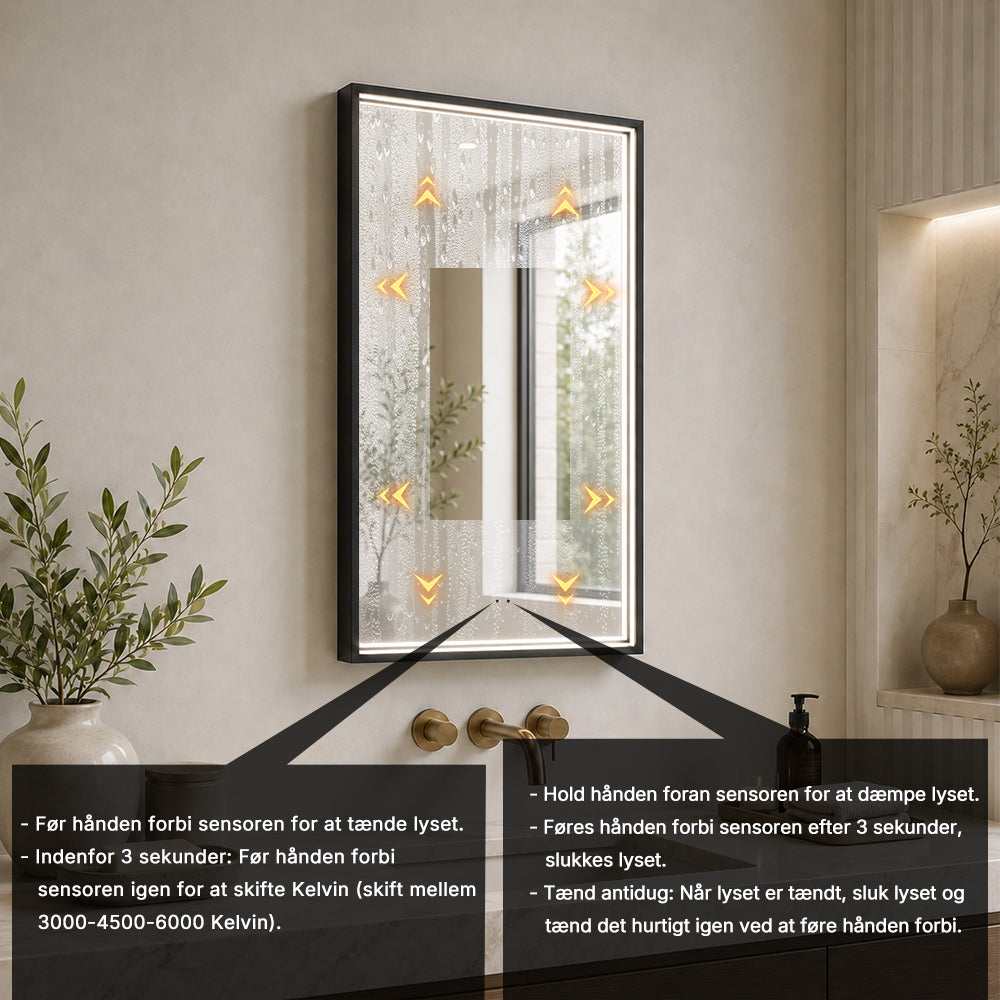 Rektangulært Spejl med LED-lys i Ramme og Antidug 50x80 cm, Sort Ramme