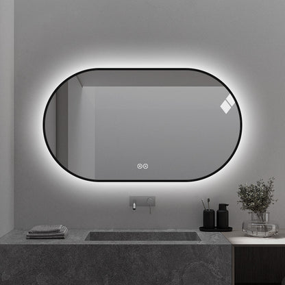 Ovalt Spejl med Lys og Antidug 140x80 cm m/sort ramme