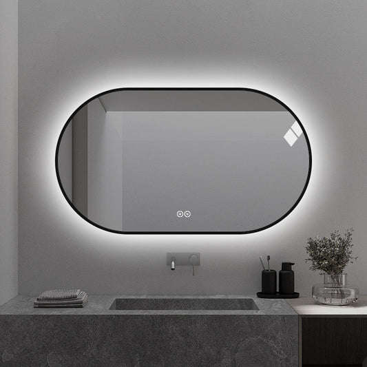 Ovalt Spejl med Lys og Antidug 140x80 cm m/sort ramme