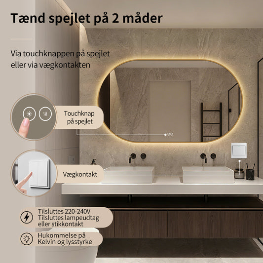 Ovalt Spejl med Lys og Antidug 140x80 cm m/guld ramme