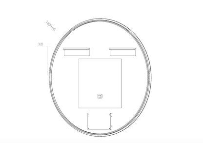 Tegning af Ø120 cm spejl bagfra med antidug og LED lys