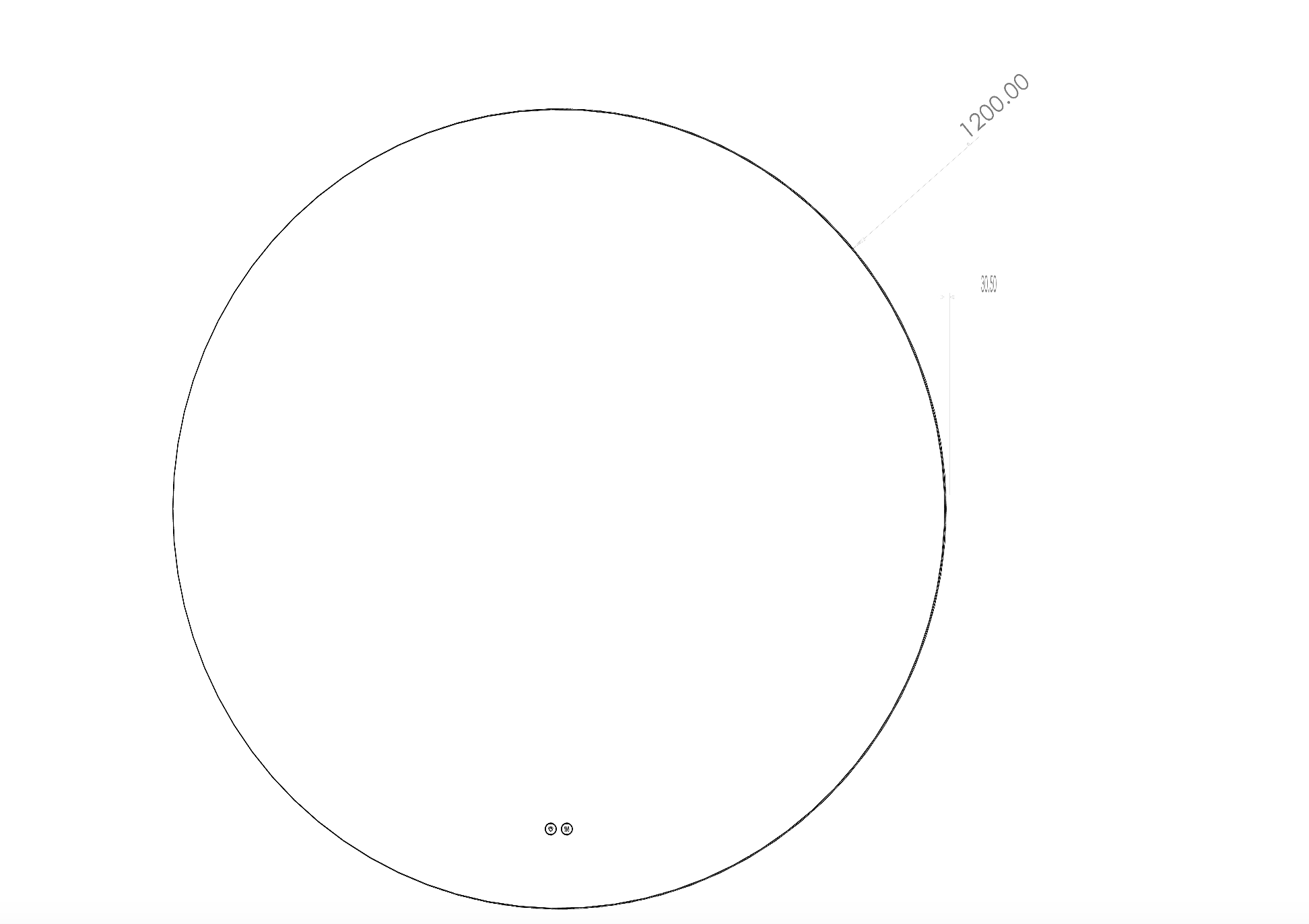 Stregtegning af Ø120 cm spejl til badeværelse med varme og LED lys