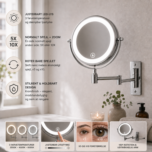 Makeup Spejl m/X5 og X10 Forstørrelse og LED-lys til Væg - Krom
