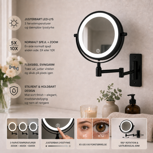 Makeup Spejl m/X5 og X10 Forstørrelse og LED-lys til Væg - Sort