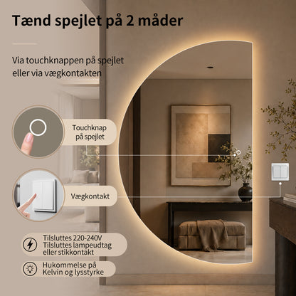 Halvcirkel spejl med LED-lys 120x200 cm (Venstrevendt)