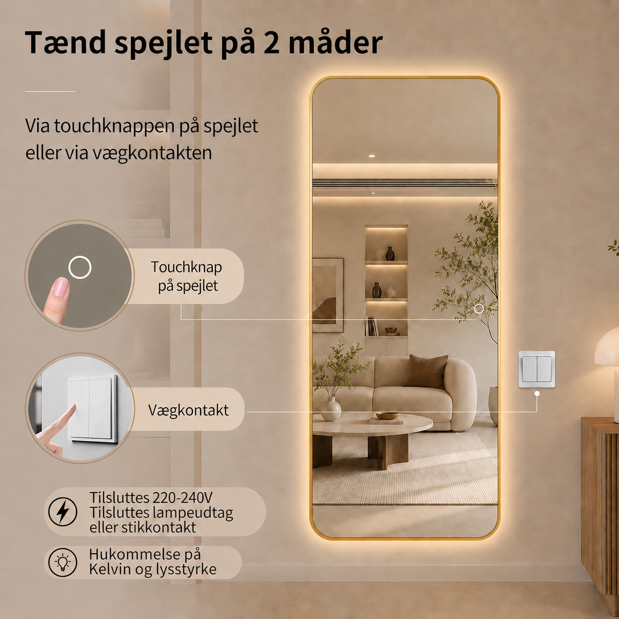 Helfigur Spejl med LED-lys 80x180 cm - Guld ramme