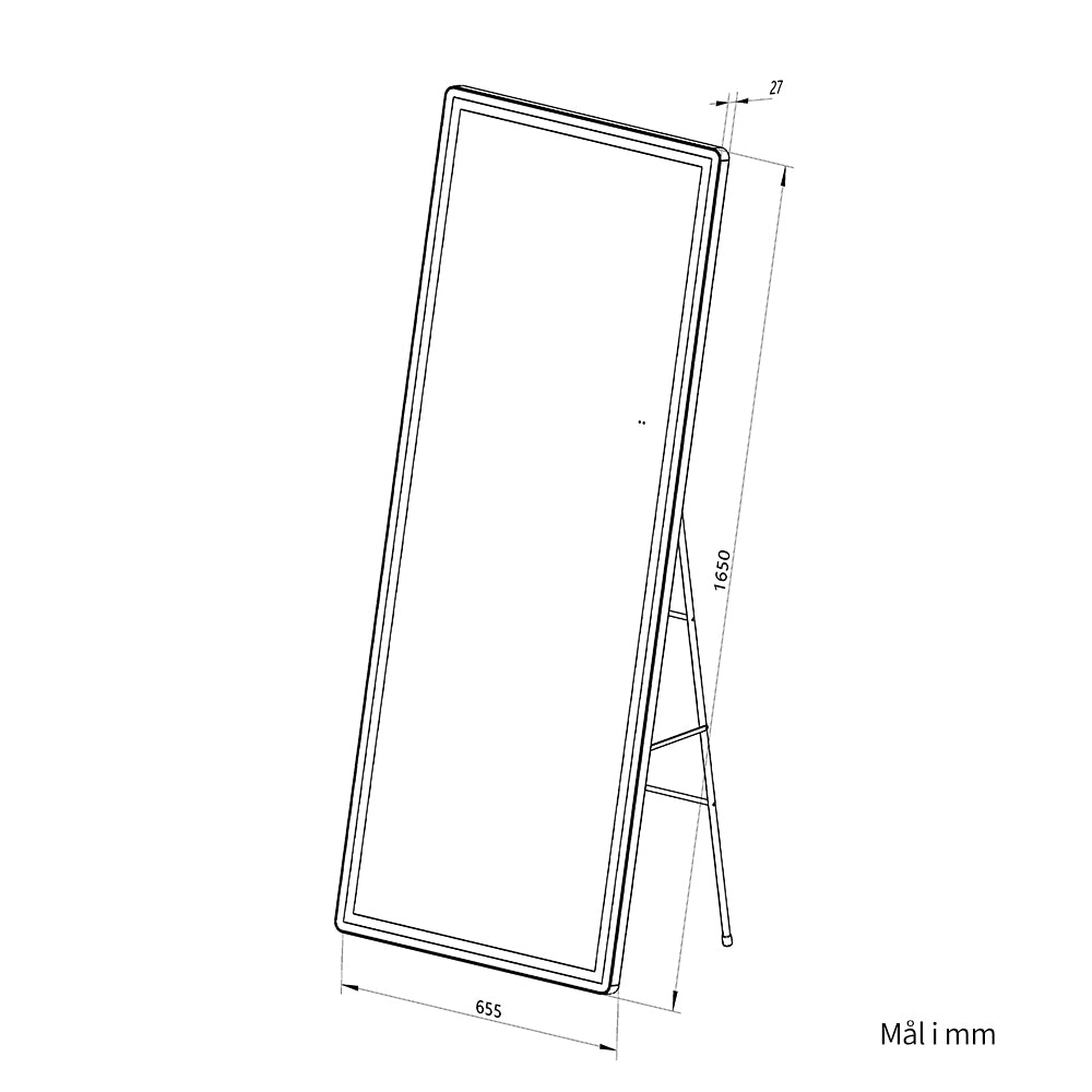 Måltegning af gulvspejl 65x165 cm på stativ set skråt fra siden med mål på bredde, højde og dybde