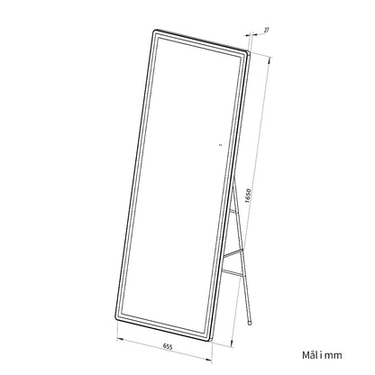 Måltegning af gulvspejl 65x165 cm på stativ set skråt fra siden med mål på bredde, højde og dybde