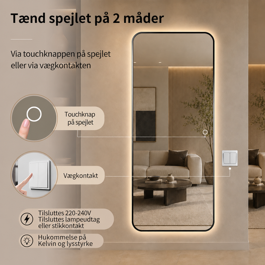 Helfigur Spejl med LED-lys 80x180 cm - Sort Ramme