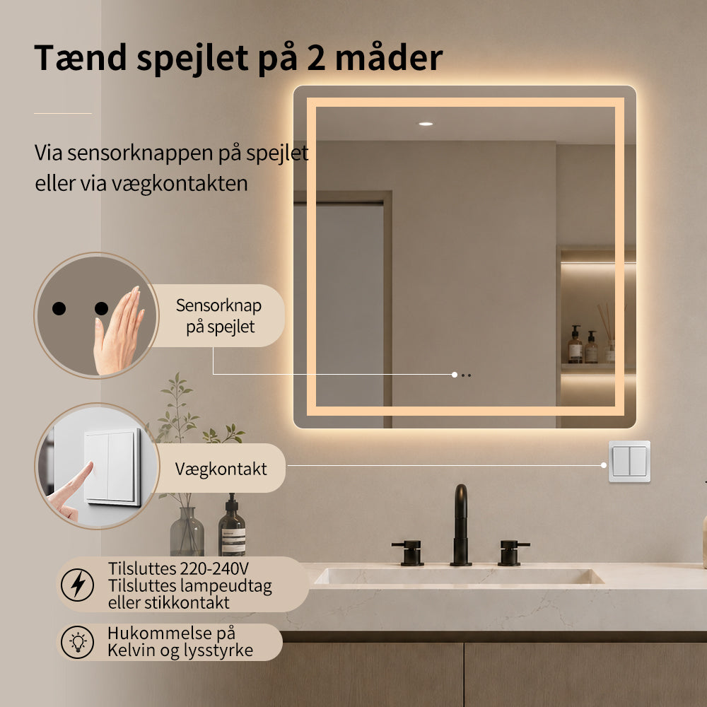 Kvadratisk badeværelsesspejl med frontlight 80x80 cm tændes med sensor eller vægkontakt, til lampeudtag eller stikkontakt