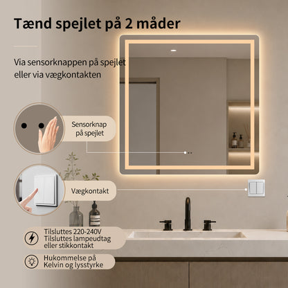 Kvadratisk badeværelsesspejl med frontlight 80x80 cm tændes med sensor eller vægkontakt, til lampeudtag eller stikkontakt