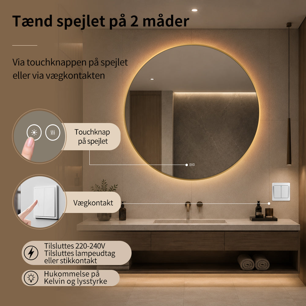 Rundt badeværelsesspejl med guld ramme Ø100 cm tændes på touchknap eller vægkontakt, til lampeudtag eller stikkontakt