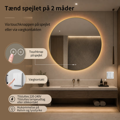 Rundt badeværelsesspejl med guld ramme Ø100 cm tændes på touchknap eller vægkontakt, til lampeudtag eller stikkontakt