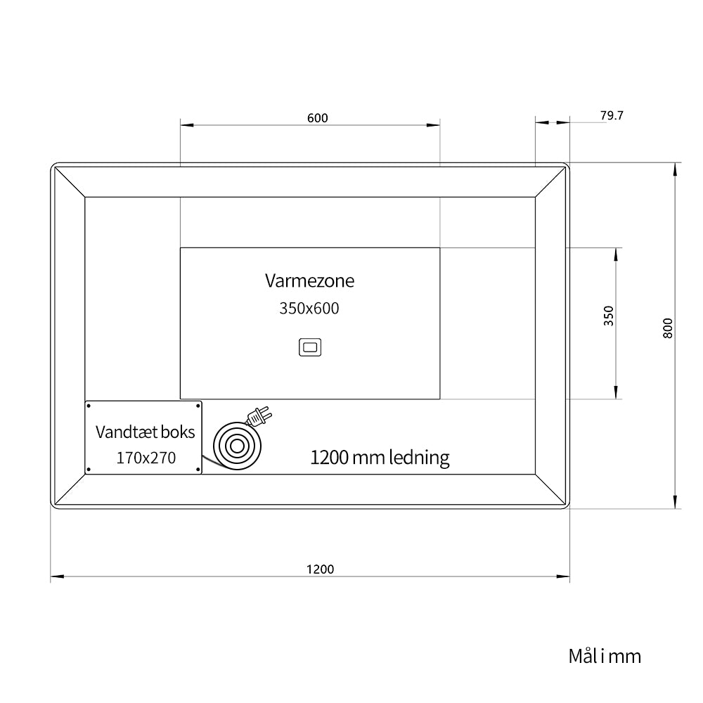 Bagsiden af spejl med frontlight 120x80 cm: varmezone til antidug, vandtæt boks og 1200 mm ledning. Ophængsbeslag medfølger