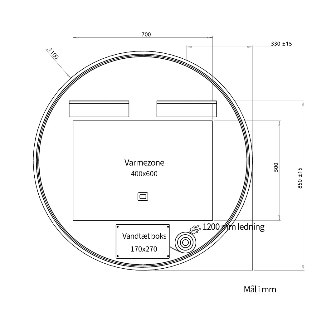 Rundt spejl med LED-lys og Antidug Ø110 cm