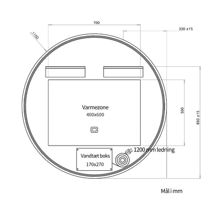Rundt spejl med LED-lys og Antidug Ø110 cm