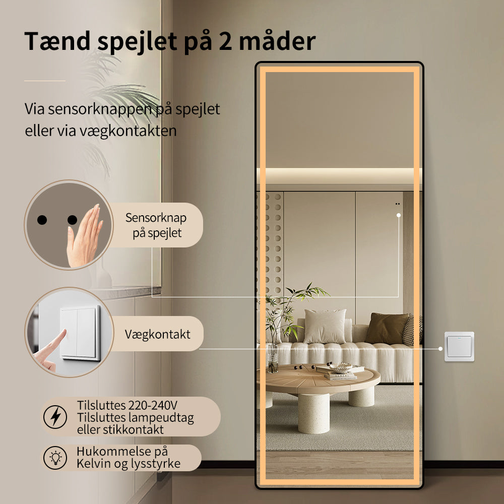 Gulvspejl med LED-lys 65x165 cm tændes med sensor eller vægkontakt, til lampeudtag eller stikkontakt