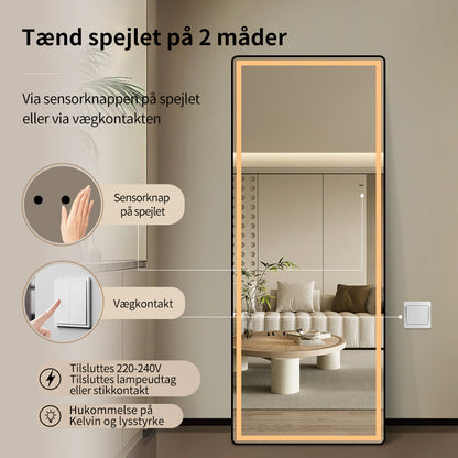 Gulvspejl med LED-lys 65x165 cm tændes med sensor eller vægkontakt, til lampeudtag eller stikkontakt