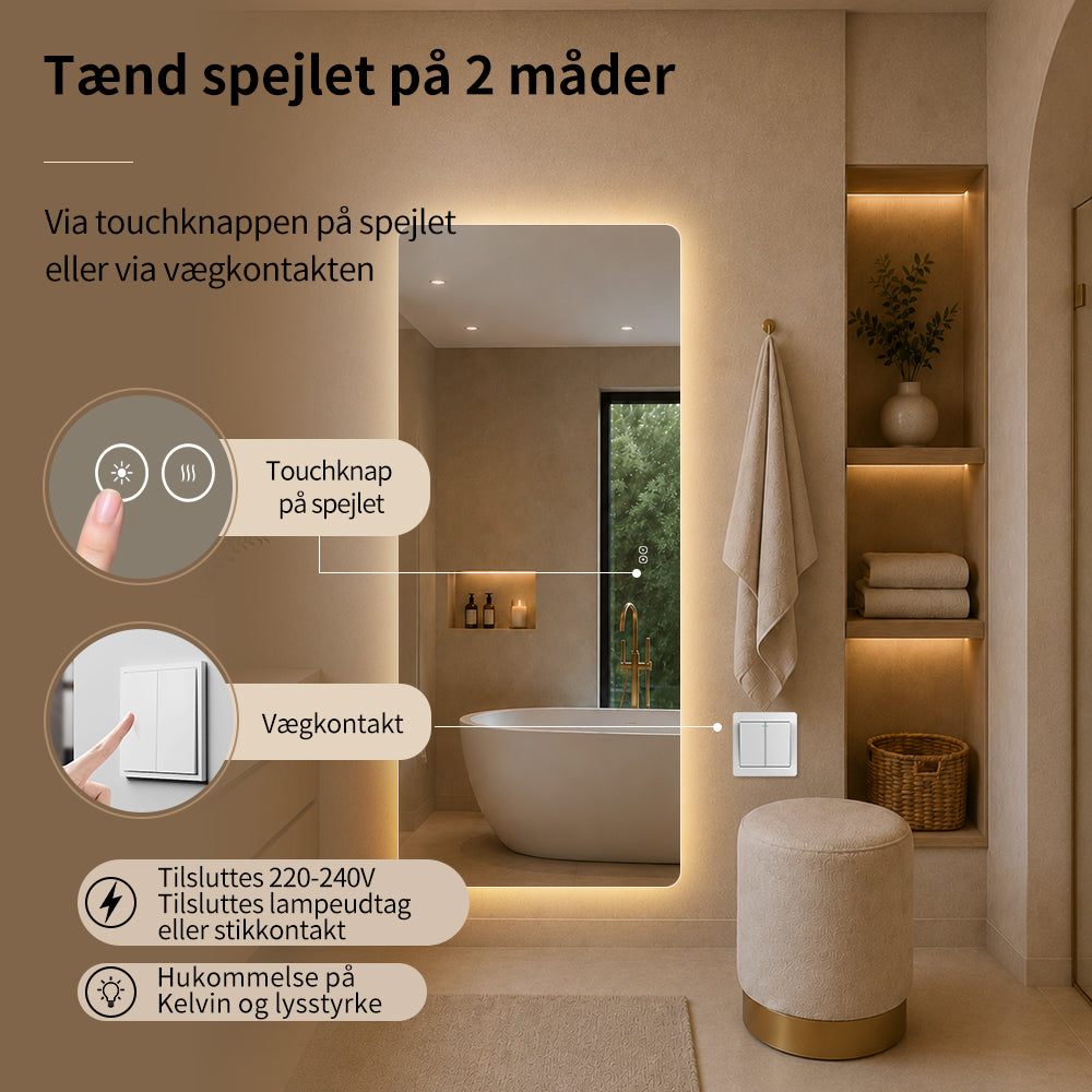 Rektangulært Spejl med LED-Lys og Antidug 80x180 cm