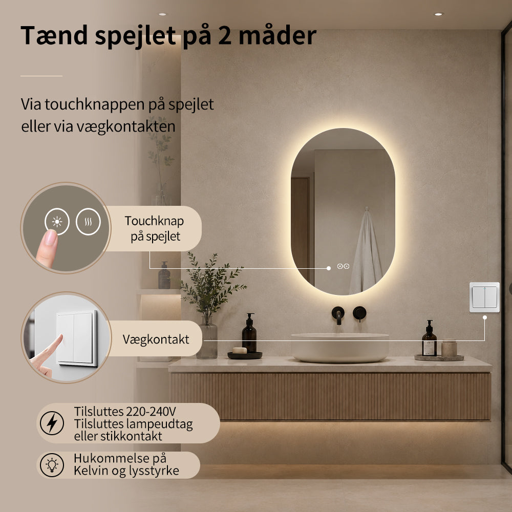 Ovalt Spejl med LED-lys og Antidug 50x80 cm