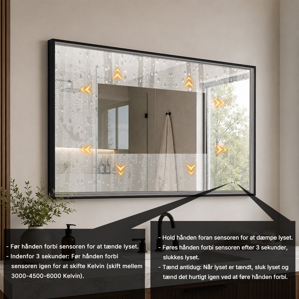 Rektangulært Spejl med LED-lys i Ramme og Antidug 120x80 cm, Sort Ramme