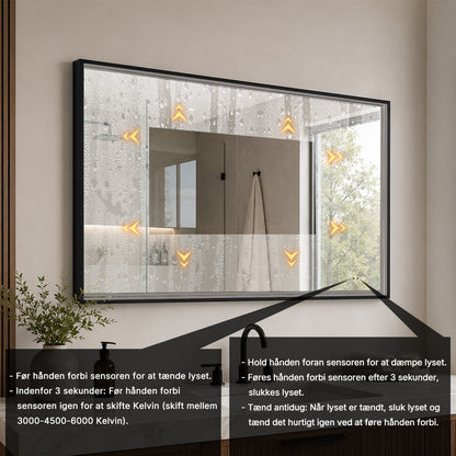Rektangulært Spejl med LED-lys i Ramme og Antidug 120x80 cm, Sort Ramme