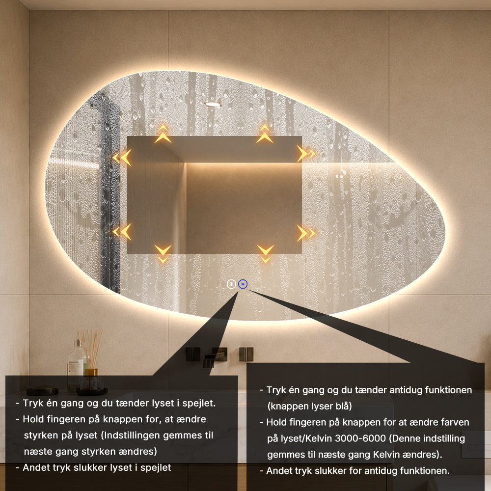 Organisk spejl med LED-lys og Antidug 120x75 cm (Venstrevendt)