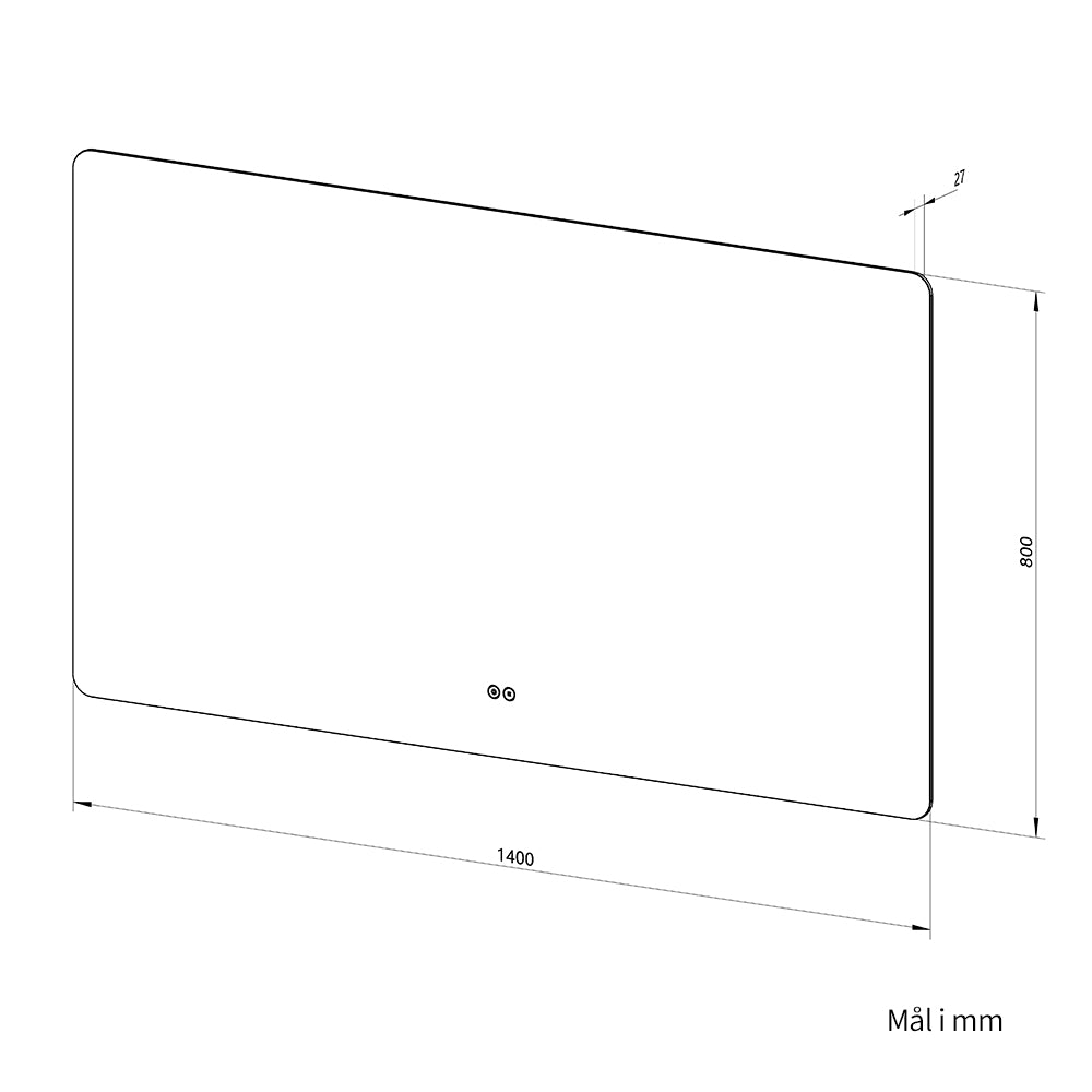 Måltegning af spejl 140x80 cm set skråt fra siden med mål på bredde, højde og dybde