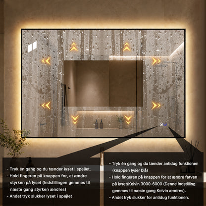 Rektangulært Spejl med LED-lys og Antidug 120x80 cm - Sort ramme 90º