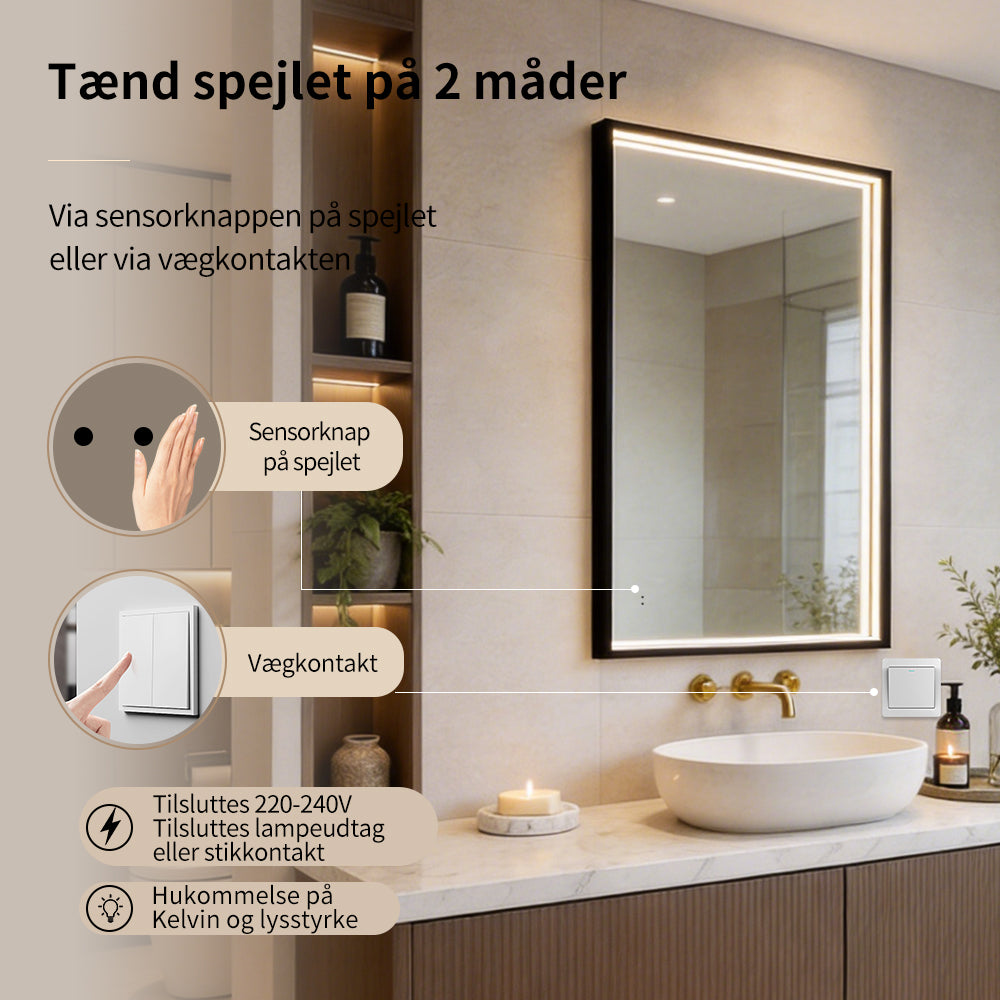 Rektangulært Spejl med LED-lys i Ramme og Antidug 80x120 cm, Sort Ramme