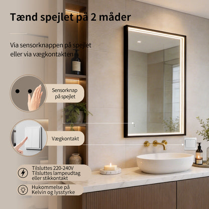 Rektangulært Spejl med LED-lys i Ramme og Antidug 80x120 cm, Sort Ramme