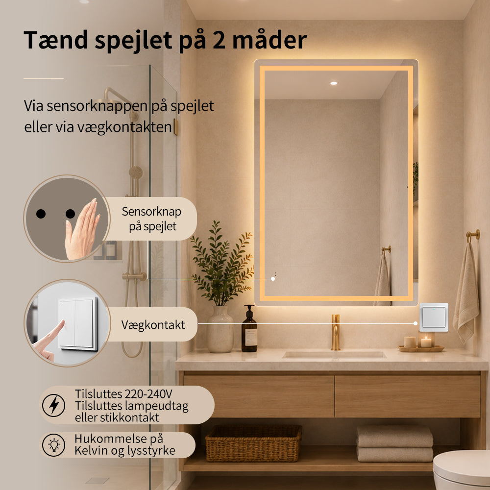 Firkantet Spejl med Frontlight LED-lys og Antidug 80x120 cm