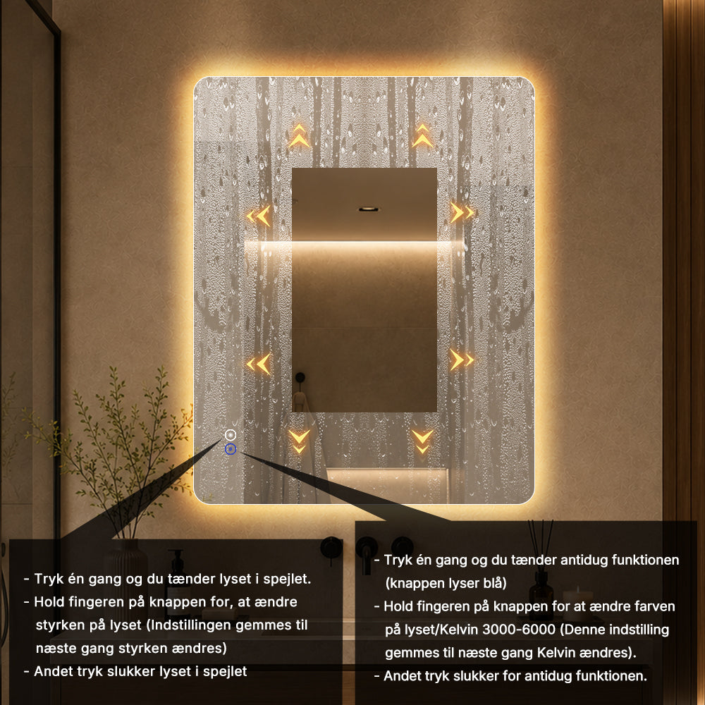 Rektangulært Spejl med LED-lys og Antidug 80x100 cm