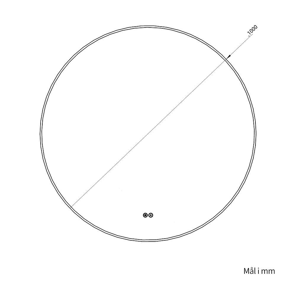 Måltegning af rundt spejl med sort ramme set forfra med en diameter på 1000 mm