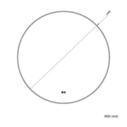 Måltegning af rundt spejl med sort ramme set forfra med en diameter på 1000 mm