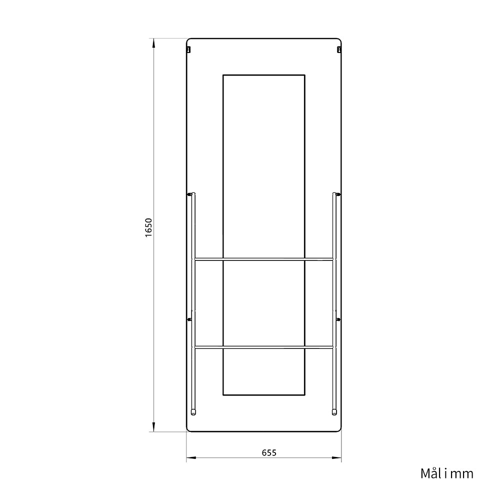 Bagsiden af gulvspejl 65x165 cm med stativ og mål på bredde og højde