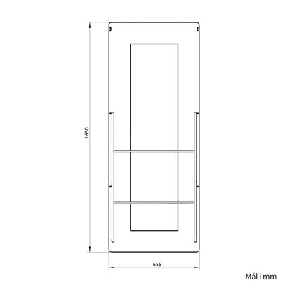Bagsiden af gulvspejl 65x165 cm med stativ og mål på bredde og højde