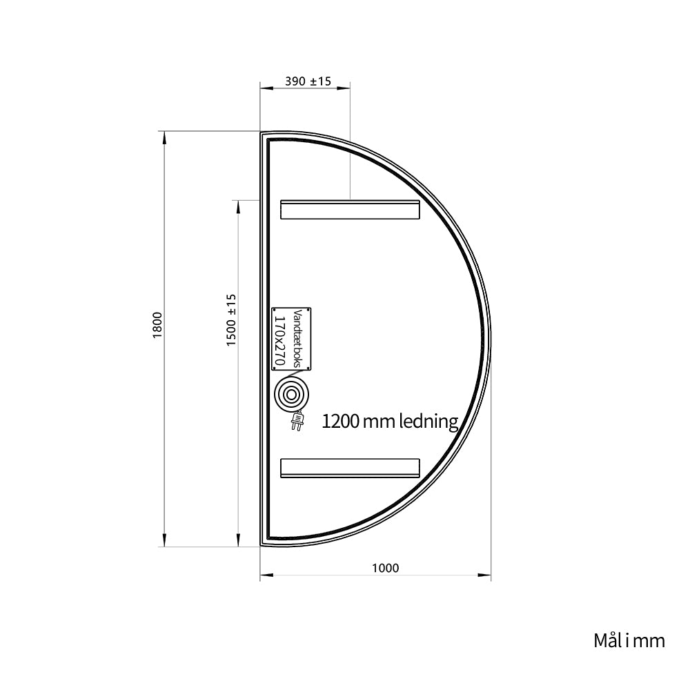 Halvcirkel spejl med LED-lys 100x180 cm (Venstrevendt)