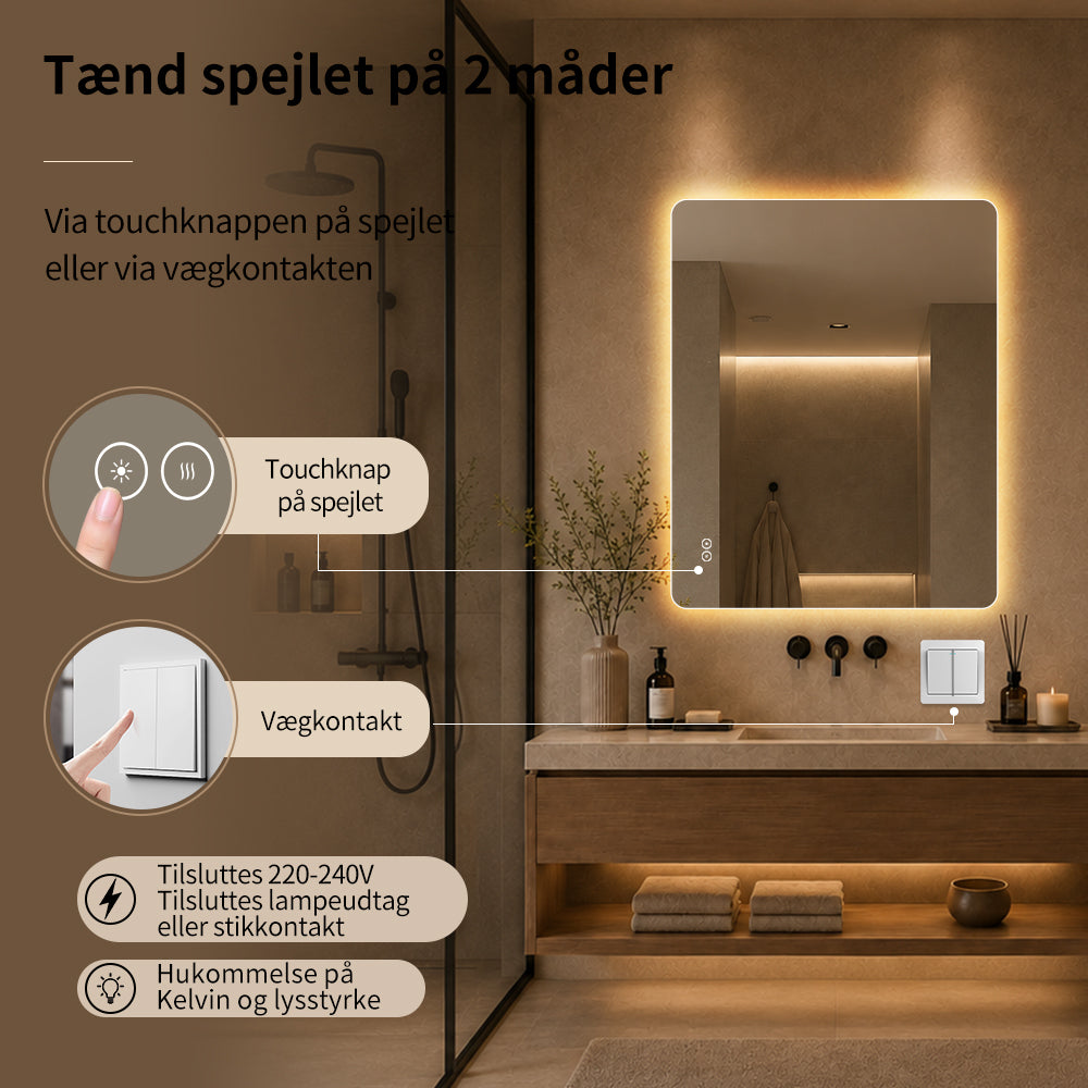 Rektangulært Spejl med LED-lys og Antidug 80x100 cm