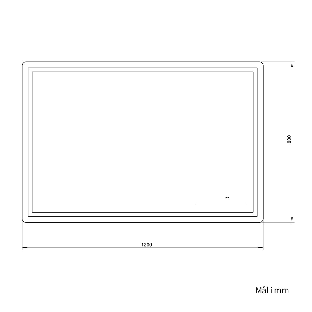 Måltegning af firkantet spejl med frontlight set forfra: 1200 mm bredt og 800 mm højt