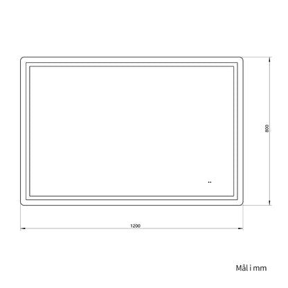 Måltegning af firkantet spejl med frontlight set forfra: 1200 mm bredt og 800 mm højt
