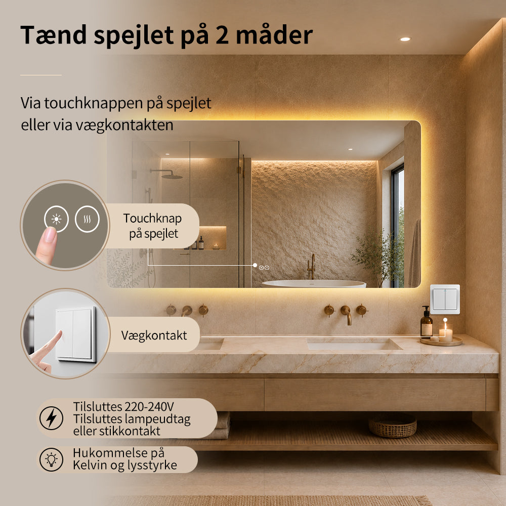 Rektangulært Spejl med LED-lys og Antidug 150x80 cm