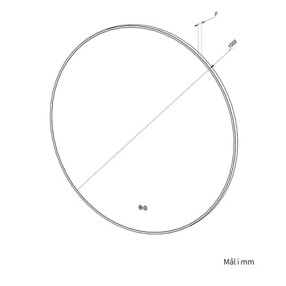 Måltegning af rundt spejl med sort ramme Ø100 cm set skråt fra siden med mål på diameter og dybde