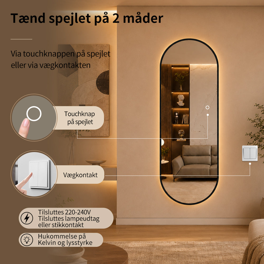 Helfigur Ovalt Spejl med LED-lys 60x170 cm - Sort ramme