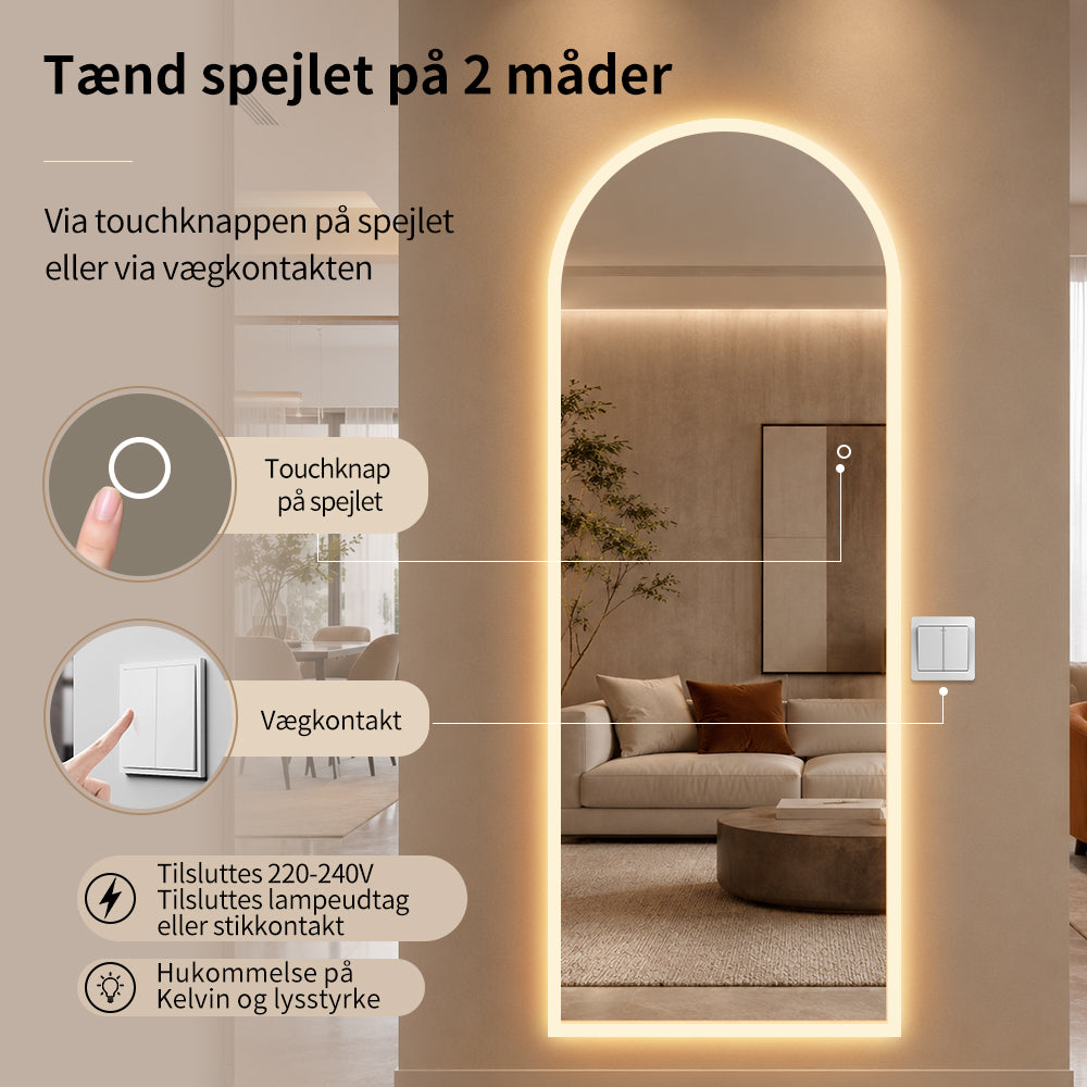 Helfigur Spejl med LED-lys 65x170 cm, buet top