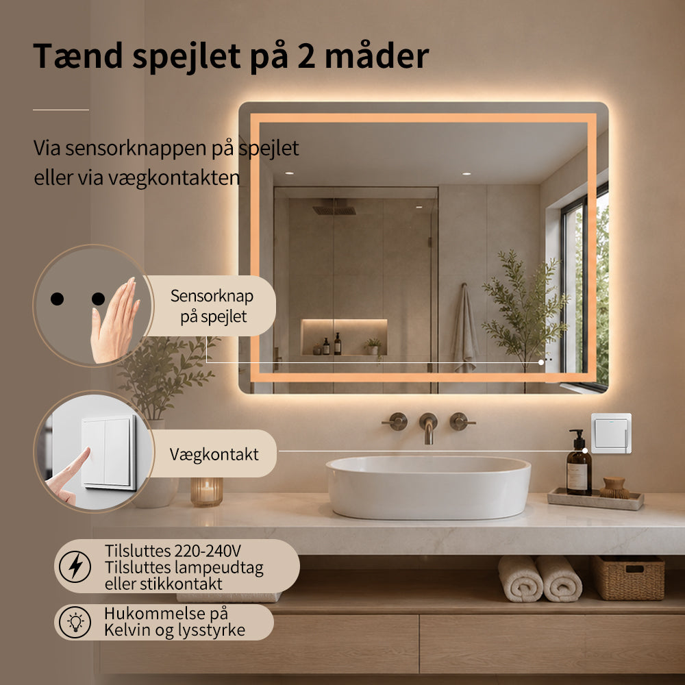 Firkantet Spejl med Frontlight LED-lys og Antidug 100x80 cm