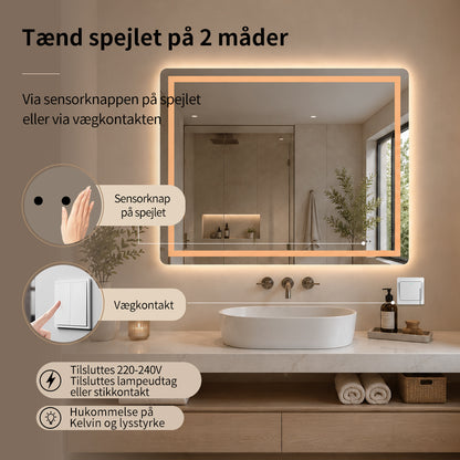 Firkantet Spejl med Frontlight LED-lys og Antidug 100x80 cm