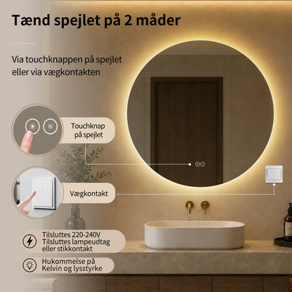 Rundt spejl med LED-lys og Antidug Ø60 cm