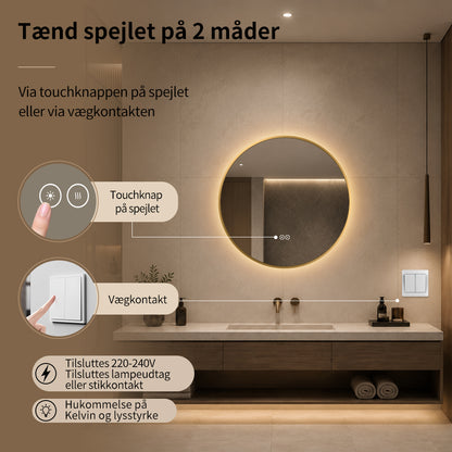 Rundt spejl med LED-lys og Antidug Ø60 cm m/guld ramme