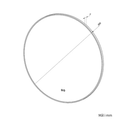 Måltegning af rundt spejl med sort ramme Ø90 cm set skråt fra siden med mål på diameter og dybde